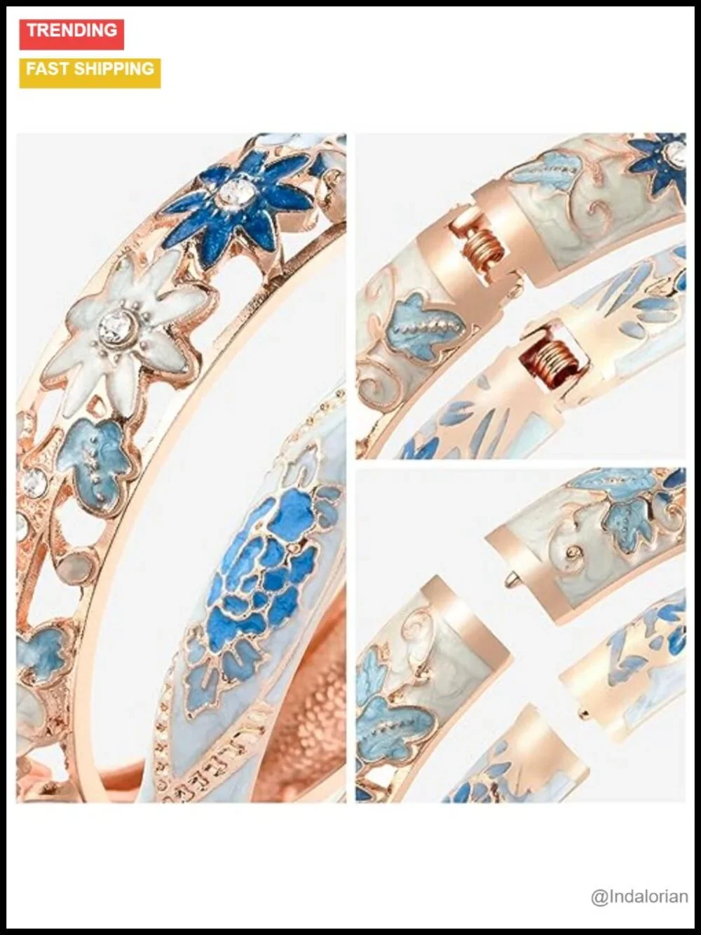 Vintage Cloisonne Hinged Cuff Bangle Set Rhinestone Enameled Bracelets Women